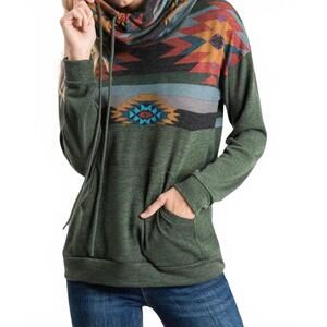 NEW 7TH RAY diva usa amanda turtle neck top in aztec print olive